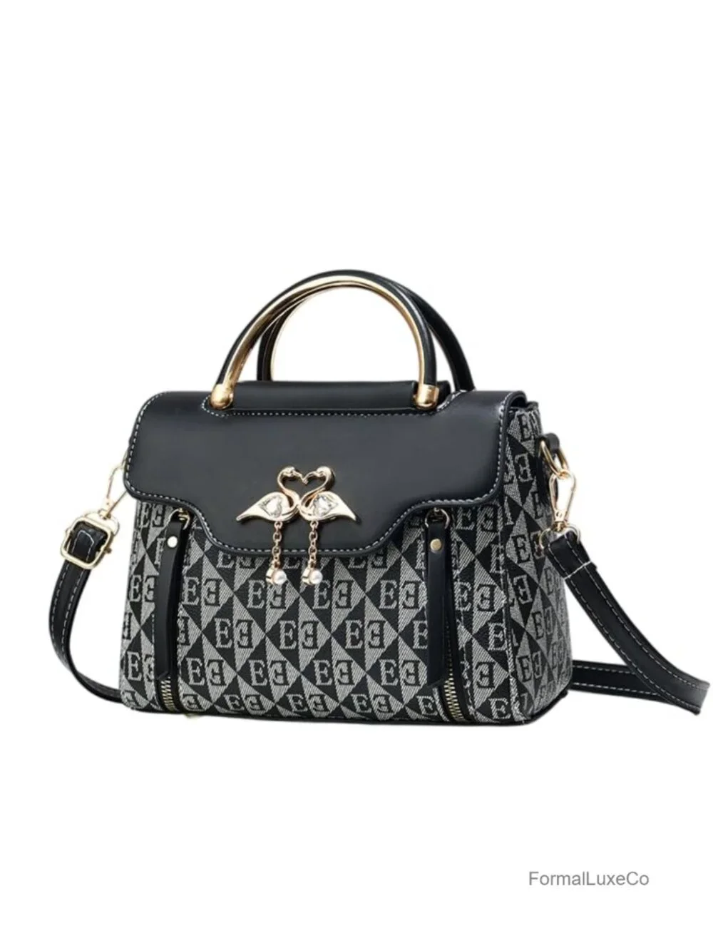 Elegant Monogram Flamingo Faux Leather Satchel Handbag with Pearl Charms